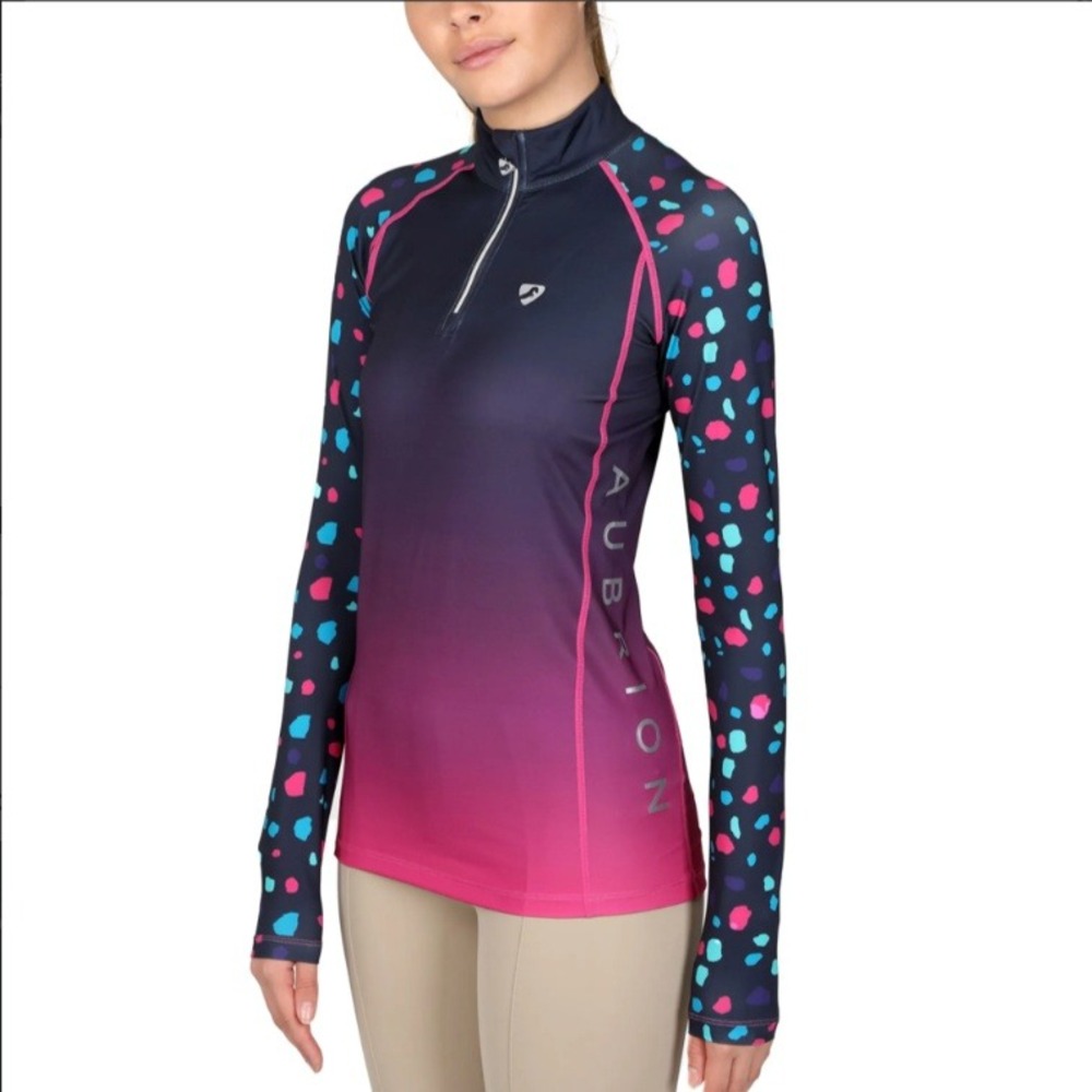 NWT Shires Aubrion Hyde Park Cross Country Shirt Purple Pink Spot Equestrian L